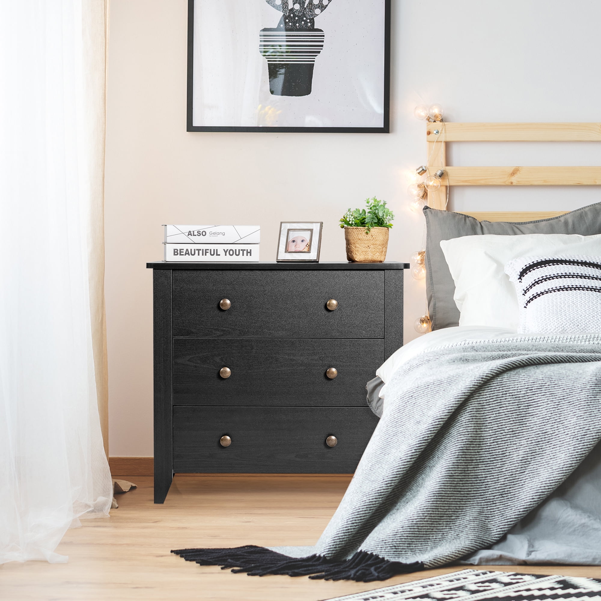 Gymax 3 Drawer Dresser Chest of Drawers Bedside Table for Living Room Bedroom Black