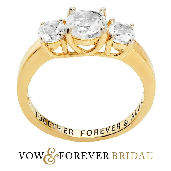 Vow & Forever Personalized Planet Bridal 14K Gold over Sterling Silver Brilliant White Topaz Three Stone Engraved Wedding Ring ,Women's
