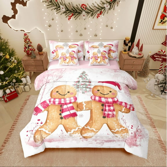 Castle Fairy Gingerbread Man Girl 7-Piece Twin Bedding Sets,Merry Christmas Bedding Comforter Set,Festival Xmas Breathable Sheet Sets,Super Cozy Room Decor