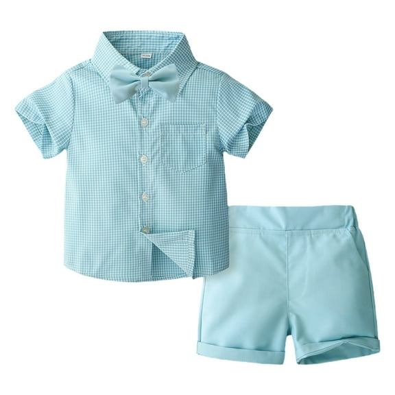 Bovxnpu Boys Girls Summer Outfits 2 Piece, Girls Cotton Short Sleeve Shirt Top and Shorts Set, 1-5 Years Boys' Fashion Checkered Stripe Bow Shorts Two Piece Set Short Sleeve Collar Set 2 Years