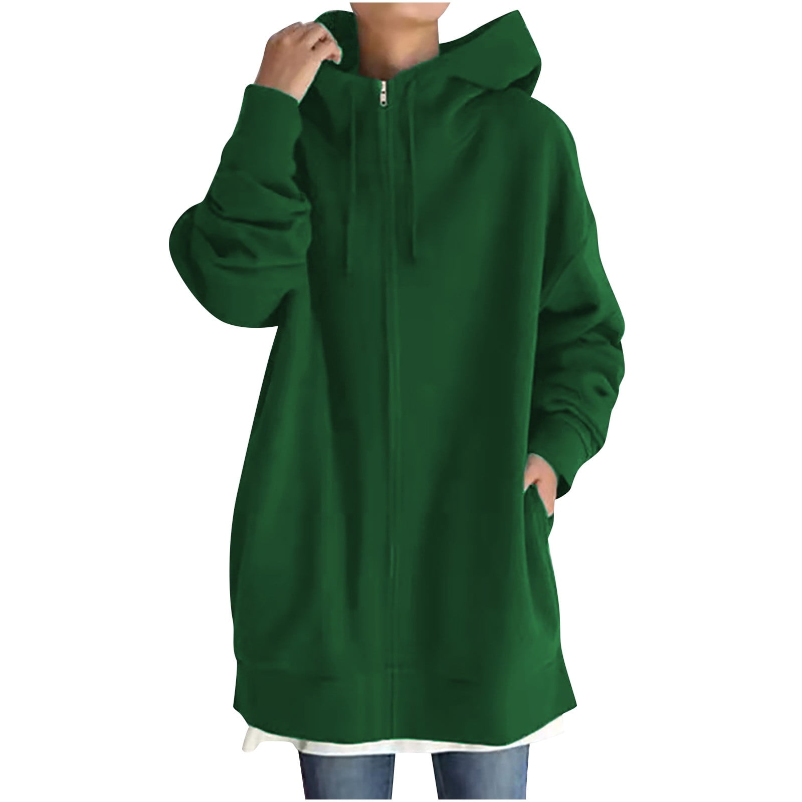 JGGSPWM Knee Length Full Zip Hoodie High Collar Casual