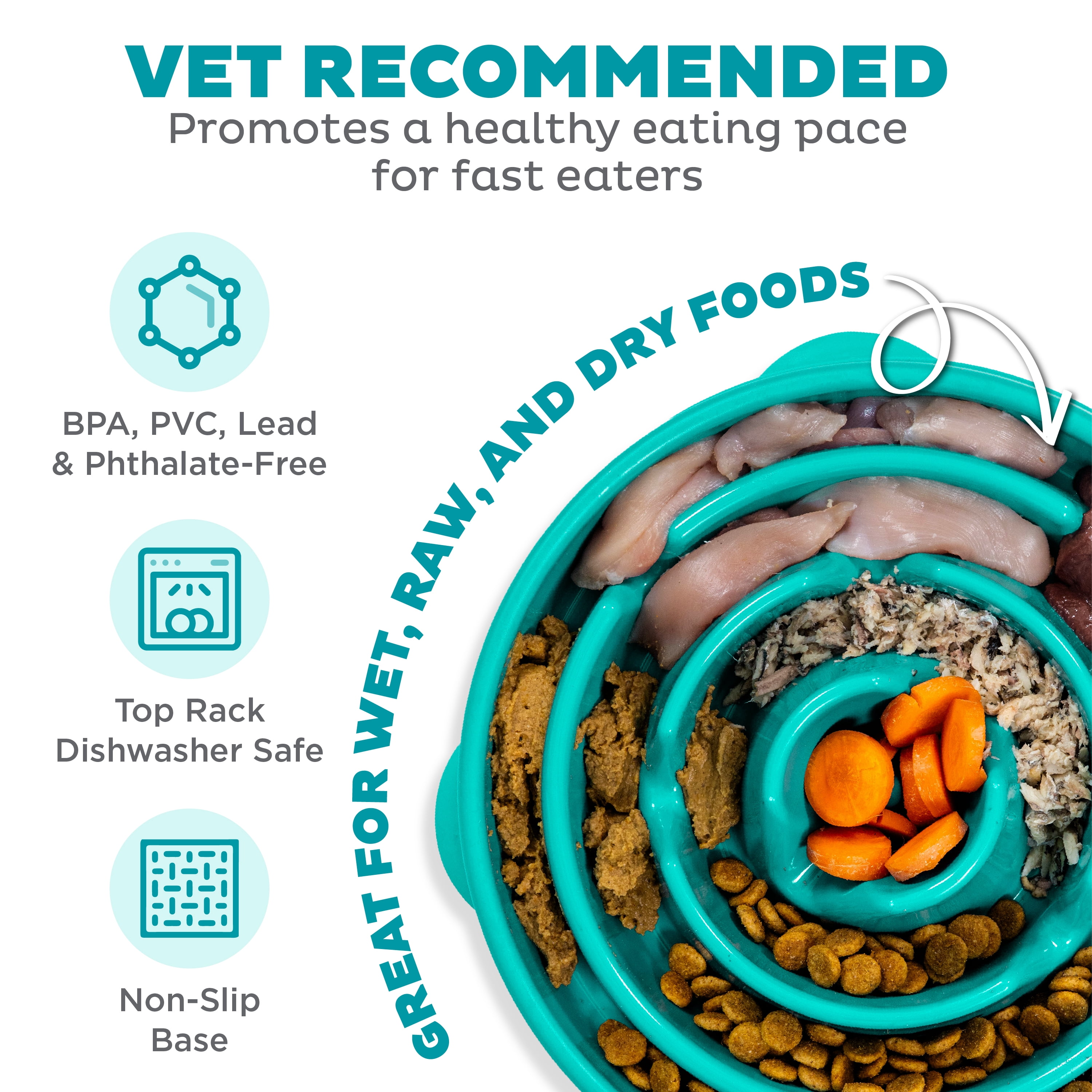 (2 pack) Outward Hound Fun Feeder Slo Bowl – Large 4‑Cup Capacity, Slow Feeding, Medium to Large Dogs, Non‑Slip, Turquoise, Drop Pattern