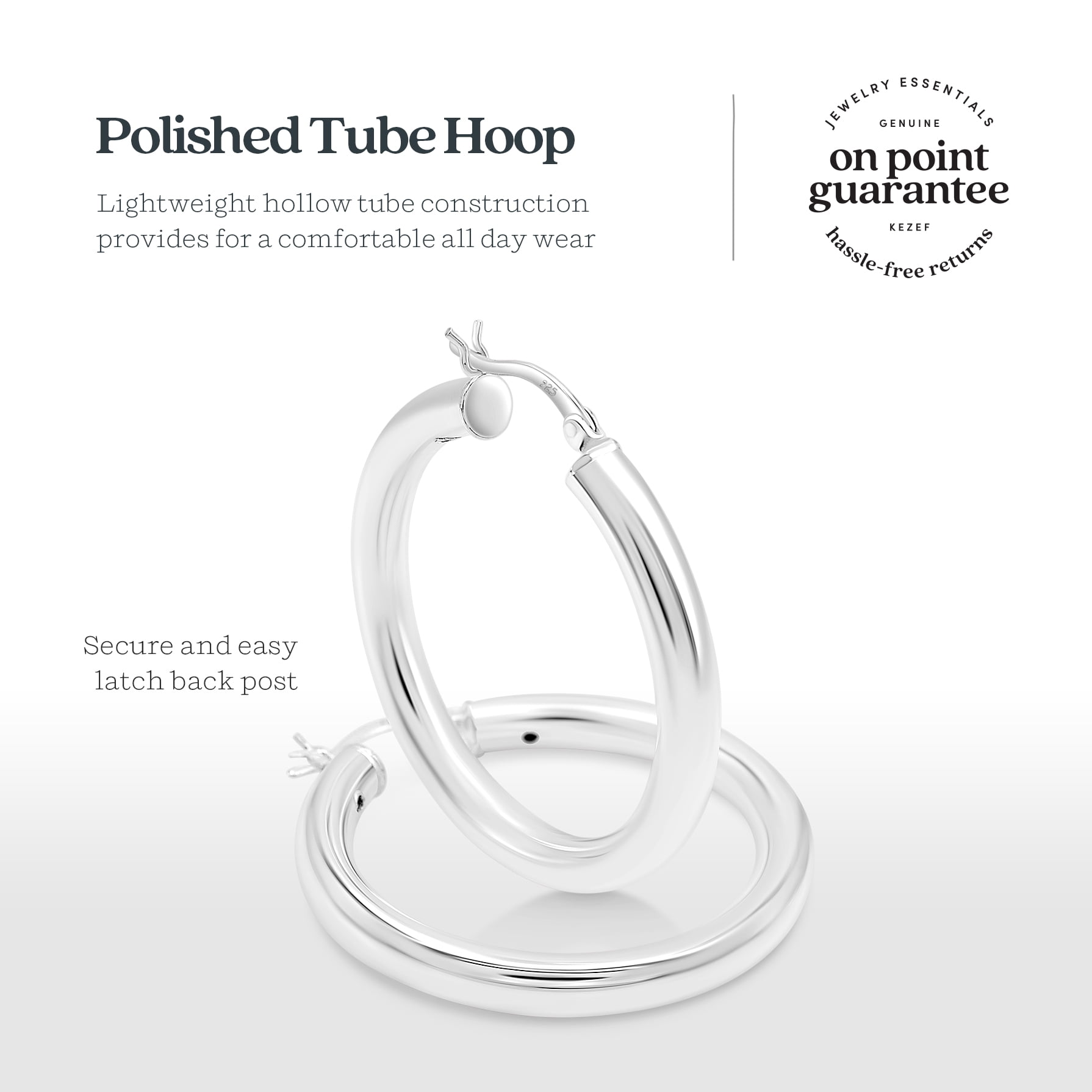 Kezef Sterling Silver Hoop Earrings for Women, Men | 4mm High Polished Lightweight Silver Hoops | 35mm Diameter | Chunky Hoop Earrings