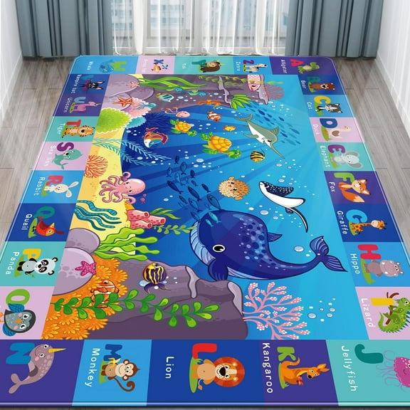 Kids Play Rug, Animals Print Baby Mat for Floor, Kids Rug for Playroom, ABC Educational Rug, Non-Toxic Soft Baby Crawling Mat, Tummy Time Mat, Nursery Rugs (Blue, 78.7X59 INCH)