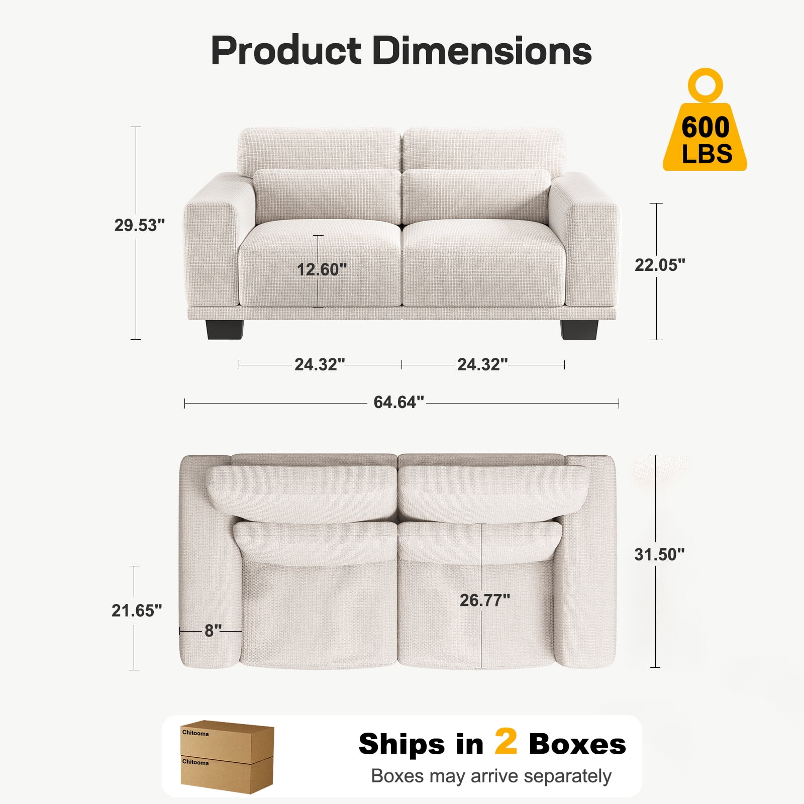 CHITOOMA 65" Loveseat Sofa for Small Spaces, Upholstered Couch with 2 Pillows and Removable Linen Cover, Deep Seat Sofa with Wide Armrests for Living Room, Bedroom, or Office, White
