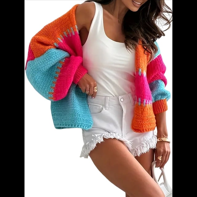 Suéter Tipo Cárdigan Retro en Contraste para Mujer, Cuello en V Holgado, Mangas Farol, Tejido Grueso, Abrigo de Diario. Naranja y Rojo L