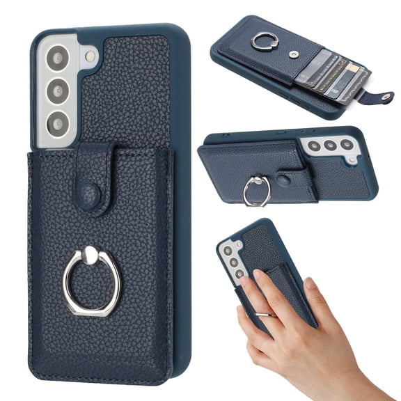 Compatible with Samsung Galaxy S21 Wallet Phone Case,360°Rotation Finger Ring Holder Kickstand,with Card Holder,Lychee Pattern PU Leather Durable Shockproof Rugged Phone Case,Blue