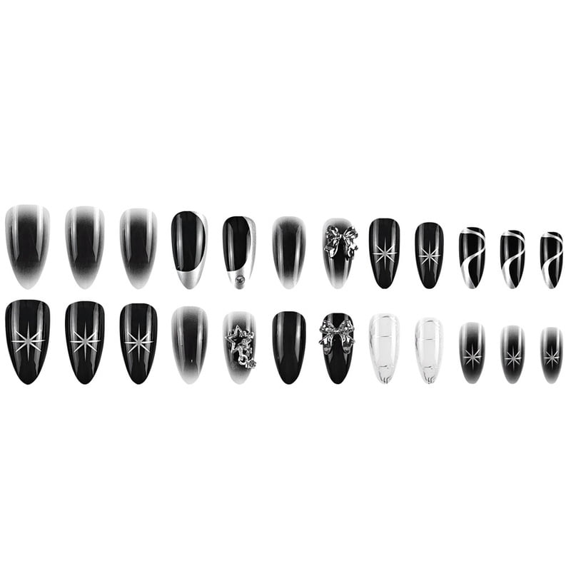 24pcs Y2k Cool Girl Fake Nails Sliver Star Almond False Nails Wearable Detachable 3D Butterfly Press on Nail Tips for Girl Women
