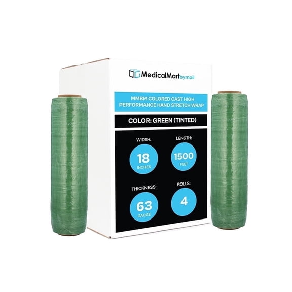 MMBM Green Tinted Stretch Wrap 18 Inch x 1500 Feet 4 Rolls 63 Gauge Hand Film for Wrapping and Palletizing