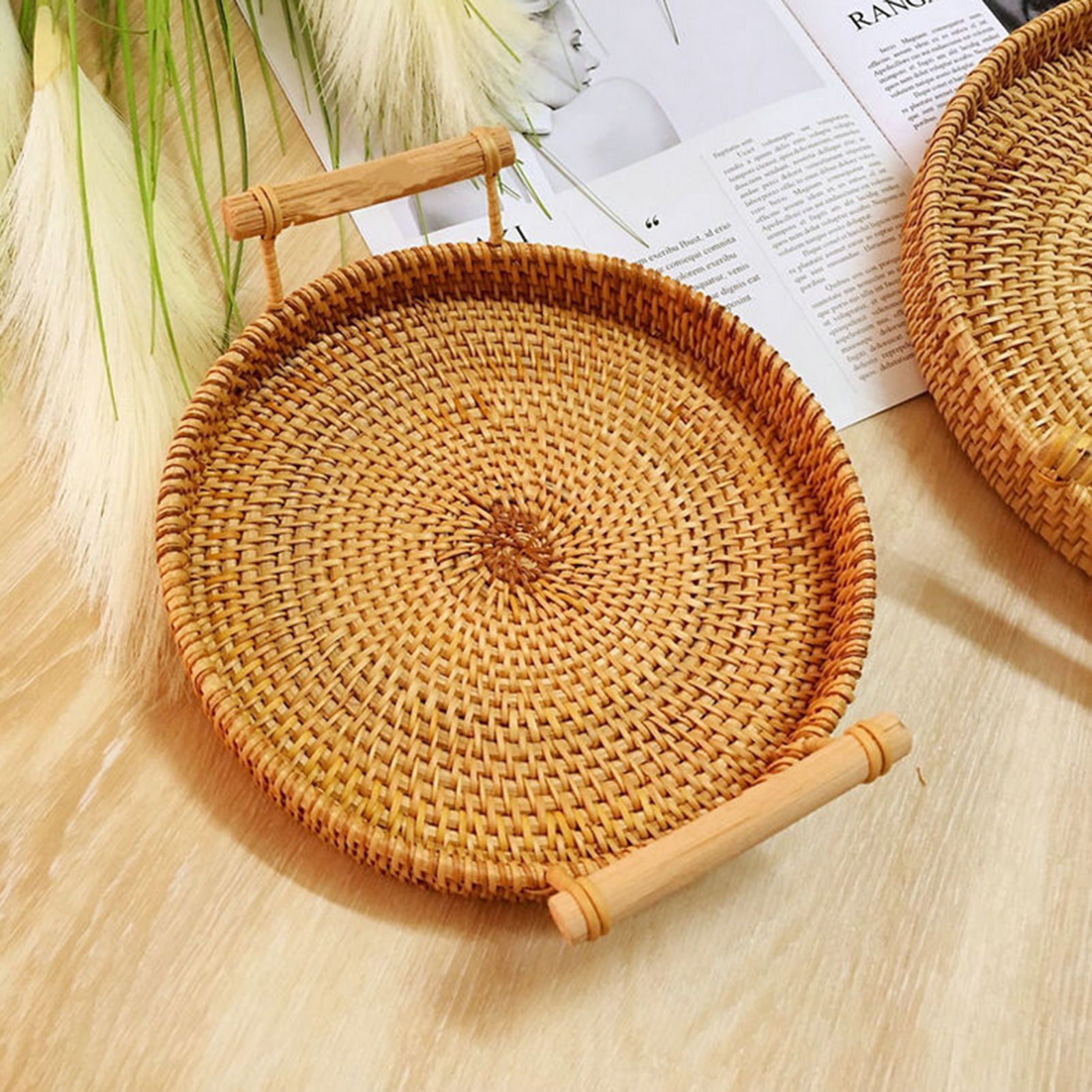 22cm Canghai Rattan Bread Basket Round Biscuit Tray Woven Tea Tray With Handle Suitable For Dinner Party Coffee Breakfast 