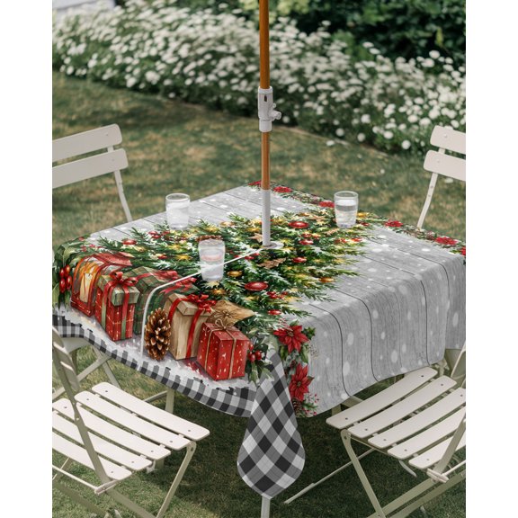 Outdoor Tablecloth with Umbrella Hole, Winter Christmas Tree Zippered Table Cloth for Rectangle Tables, Black White Plaid Retro Wood Washable Waterproof Tablecloths for Picnic Patio Garden