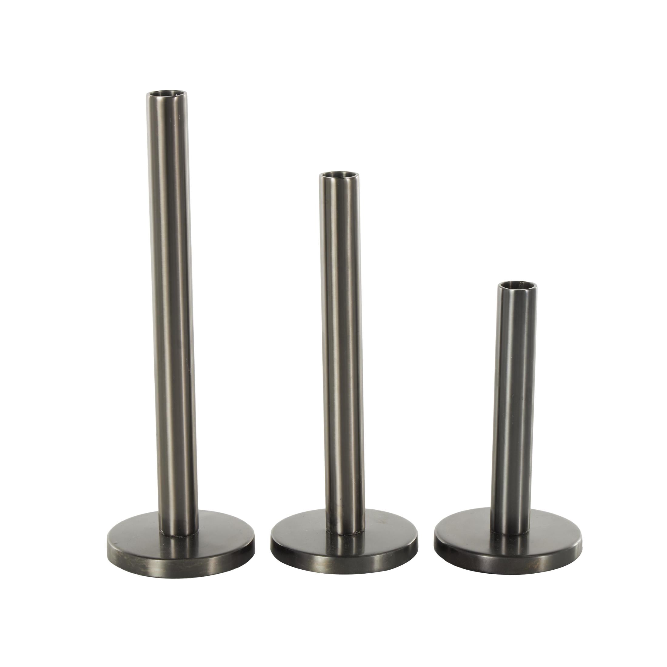 DecMode 3 Candle Black Stainless Steel Metal Slim Candle Holder with Round Base, Set of 3