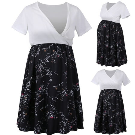 

Vivianyo HD Pregnant Clothes Clearances Summer Pregnant Patchwork Short Sleeve Breastfeeding Maternity Women Dress Flash Picks Beige