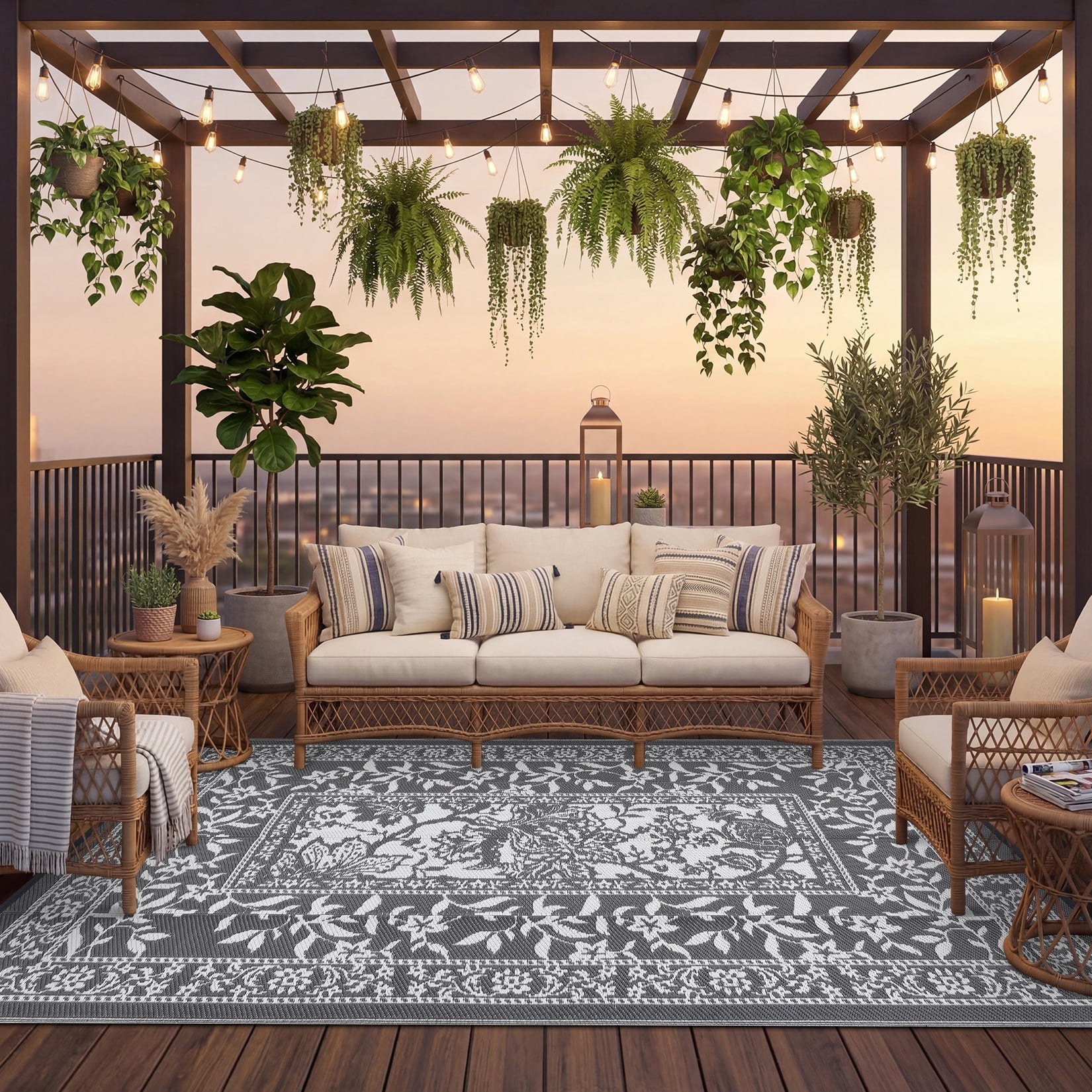 Outdoor Rug, Patio Waterproof, Reversible Plastic Straw Camping Rug, Botanical Grove Vintage Cottage core Outdoor Mat for RV, Deck, Picnic, Beach