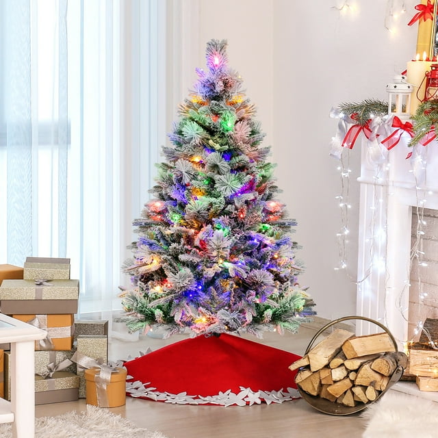 Gymax 4.5 FT Pre-Lit Artificial Christmas Tree Snow-Flocked Hinged Xmas Tree w/ 160 LED Lights & 472 Branch Tips