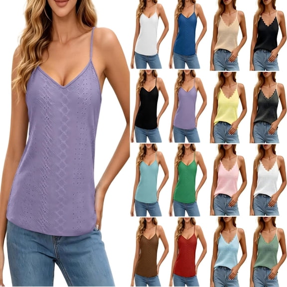 Tqcoqu Lace Camisole Tops for Women V Neck Spaghetti Strap Top Sleeveless Loose Fit Eyelet Tops,Beige,Women's S-XXL