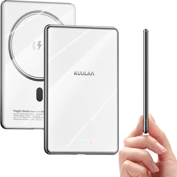 Kuulaa Ultra-Thin 0.27in Magnetic Power Bank 5000mAh | 20W Fast Charge | Mirror | Fits Anywhere for iPhone & Android with Magnetic Case
