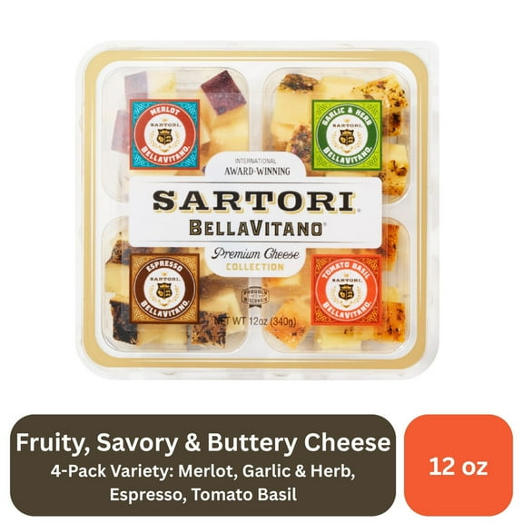 Sartori BellaVitano Cheese Cubes 4-Pack: Merlot, Garlic & Herb, Espresso, & Tomato Basil, Specialty Cheese, Aged Cheese, Fruity, Savory, Refrigerated