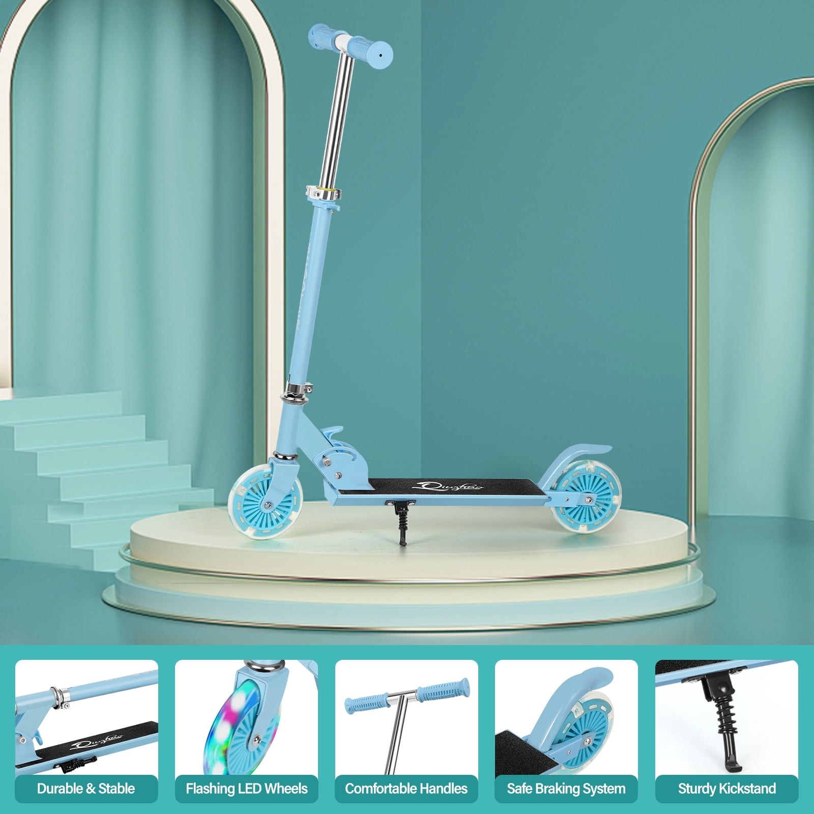 Scooter With 2 Wheels, for Kids Ages 6+, Kickstand Foot Support, Adjustable Height & Foldable, Light Blue