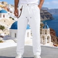 thumbnail image 2 of BiZtdJrK Mens Baggy Linen Beach Pants Drawstring Elastic Waist Straight Leg Trousers Summer Lightweight Vacation Long Pants with Pockets, White, XL, 2 of 10