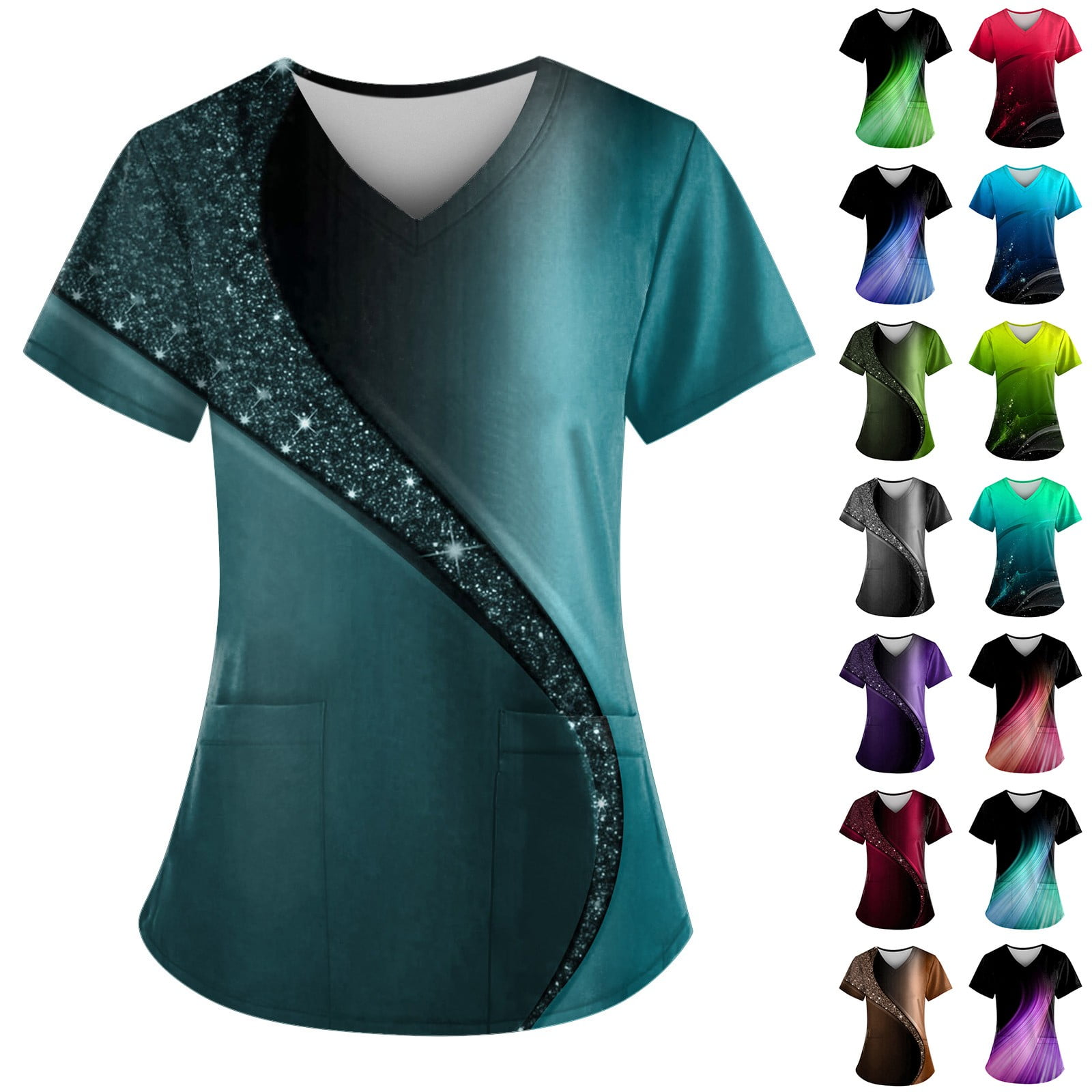 Scrub Tops Women Women V Neck Nurse Uniforms Plus Size Cute Scrubs Floral Print Gifts Tops with Pockets Blue 5XL