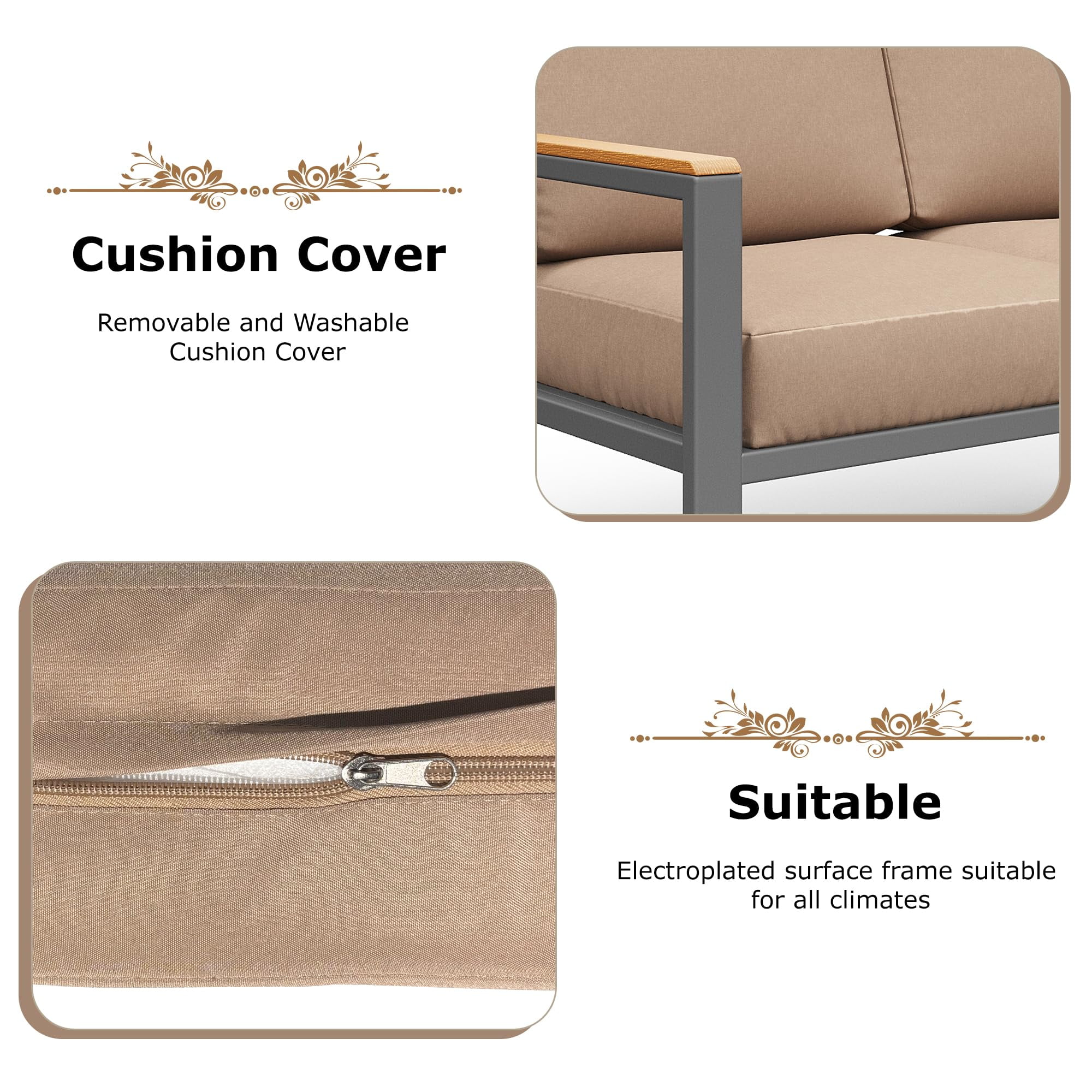 JXXM 4-Piece Outdoor Patio Conversation Set, Metal Furniture with Cushions & Coffee Table, Brown