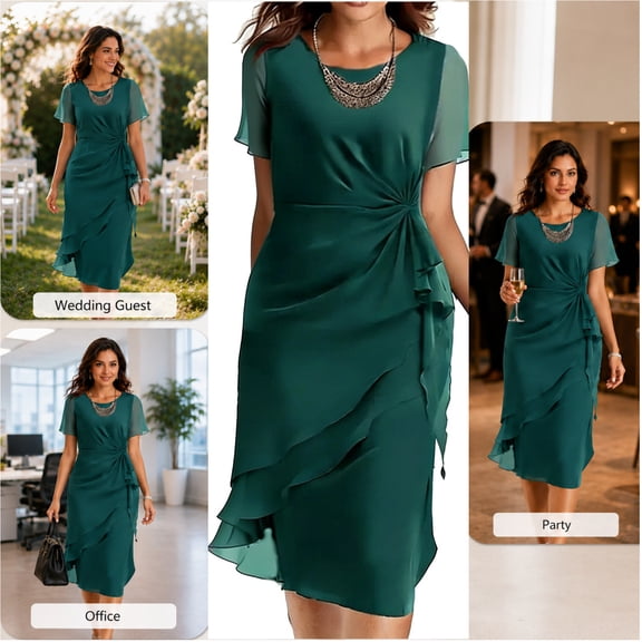 Gamivast Evening Dress for Women Elegant Midi Dress Round Neck Short Sleeve Cocktail Dress Ruched Side Layered Chiffon Party Wedding Guest