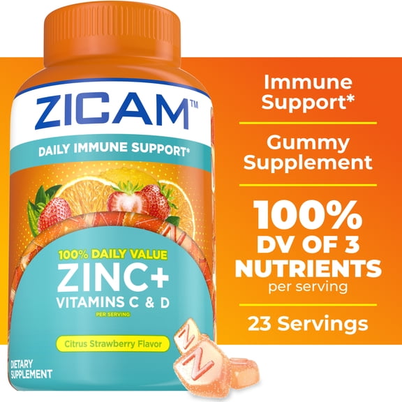 Zicam Daily Immune Support, Gummy Supplement, Zinc, Vitamin C and Vitamin D, Citrus Strawberry Flavor, 70 Count