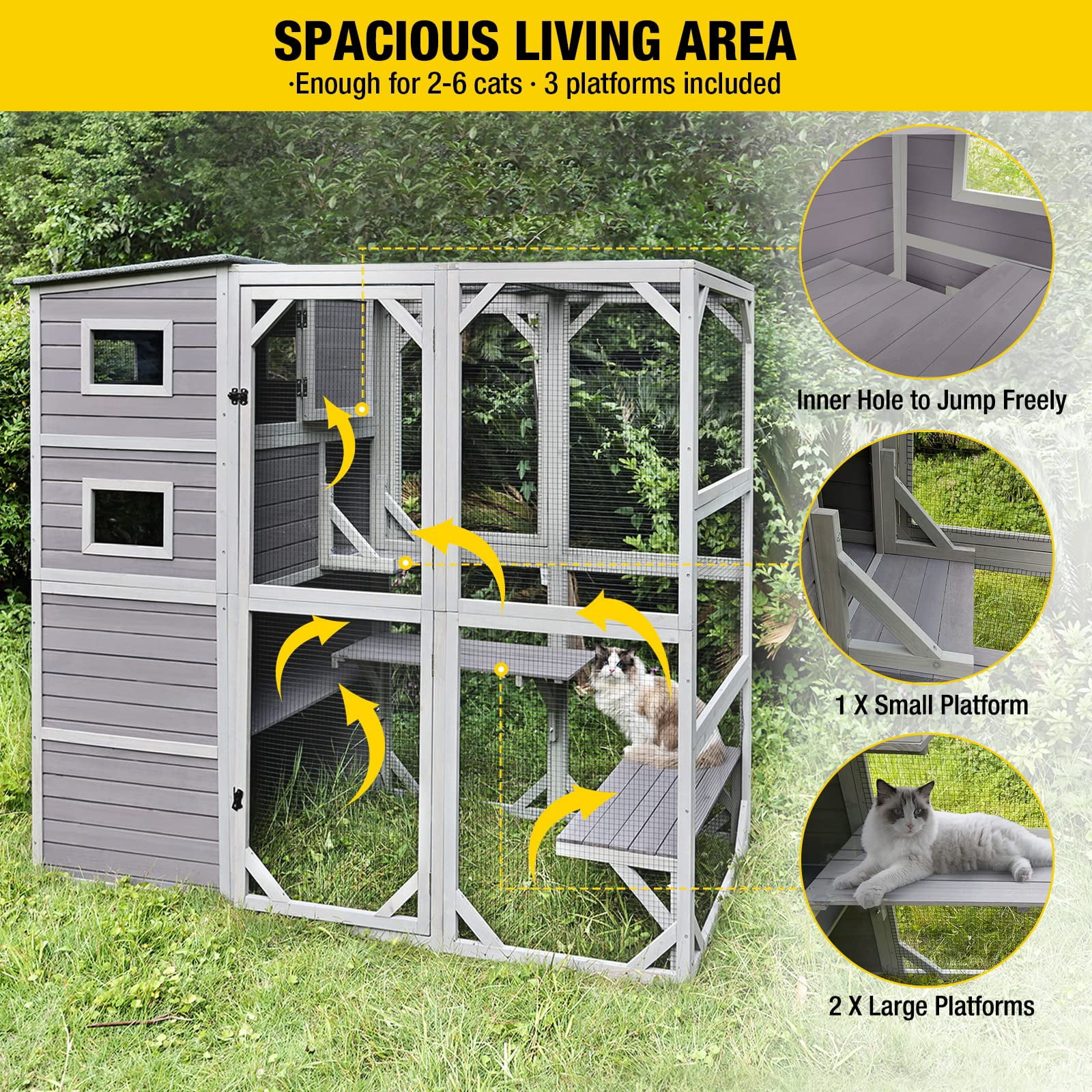 4 Tier Large Catio Enclosure for Indoor Outdoor Cats, Multi-Level Cat House with Weatherproof Roof, 3 Cozy Rooms, 5 Windows, 3 Platforms, Spacious Pet Play Area, Grey