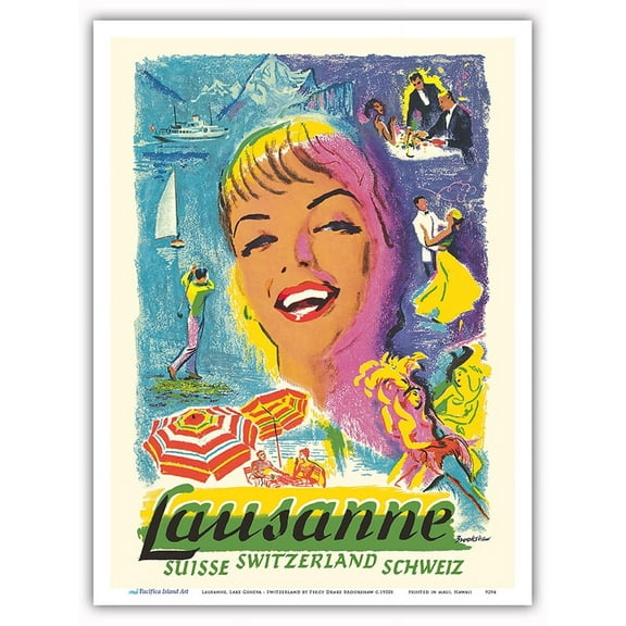 Lausanne Lake Geneva - Switzerland - Vintage Travel Poster by Percy Drake Brookshaw c.1950s - Master Art Print (Unframed) 9in x 12in