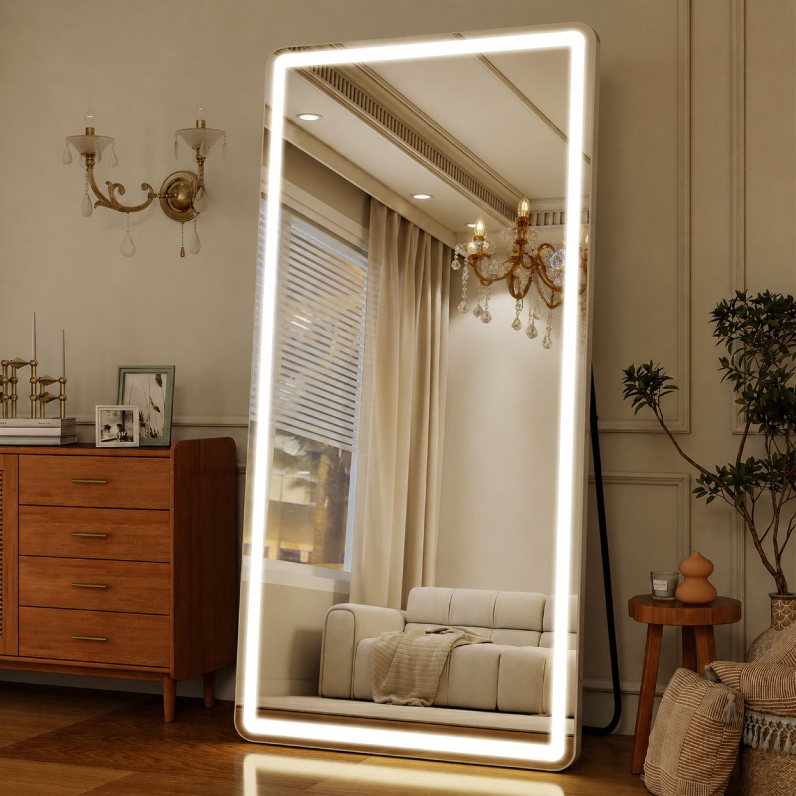 Easy4Home 71" x 30" LED Rectangular Full Length Mirror with Adjustable Lights Standing Mirror Wall Mounted, White