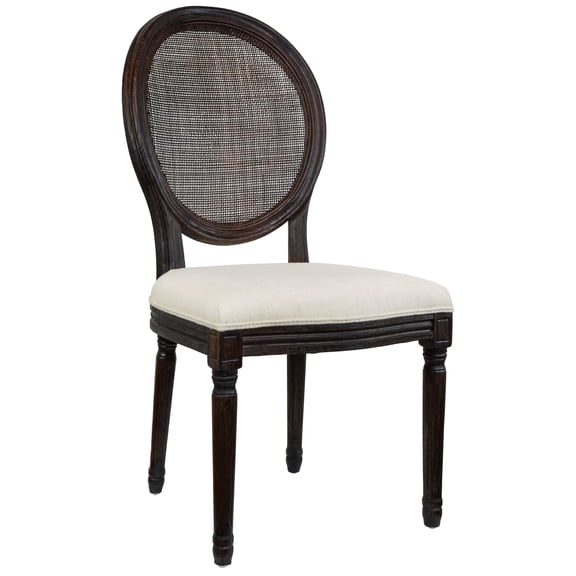2xhome - French Chic Vintage Style Dining Side Chair With Upholstered Linen Welted Fabric And Elegant Natural Rustic Wood Frame - Rattan Wicker Oval Back, Set of 1, 1 piece