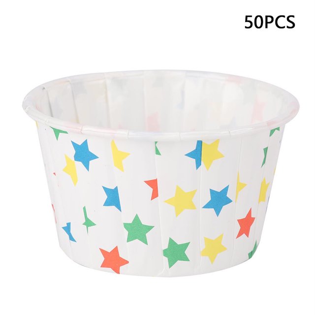 Mini moldes para cupcakes, 50 unidades de moldes redondos para hornear pasteles para muffins, perfectos para fiestas en casa o bodas (diseño de estrella)