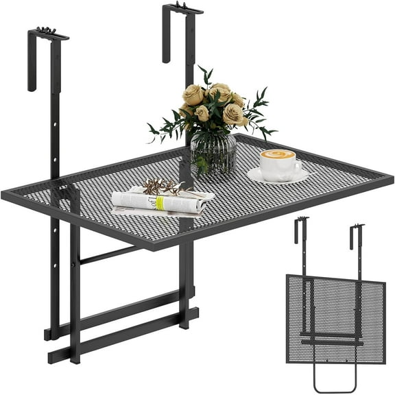 RONG-3 Balcony Railing Table, Outdoor Folding Hanging Table with 5 Adjustable Heights, Heavy Duty Metal Hanging Bar Table for Patio, Garden and Deck