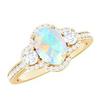Rosec Jewels Classic Opal Ring for Women, Ethiopian Opal Ring with Diamond, 10K Yellow Gold, US 10.50