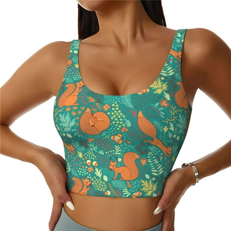 Jgfou Fall Forest Squirrel Print Womens Sports Bra - Padded Workout Sports Bras Crop Tank Top