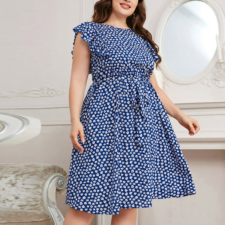 Casual Dresses Clearance Short Sleeve Round-Neck Pattern Crew Dresses for Women Plus Size Daily Below the Knee dress,Blue,4XL - Walmart.com