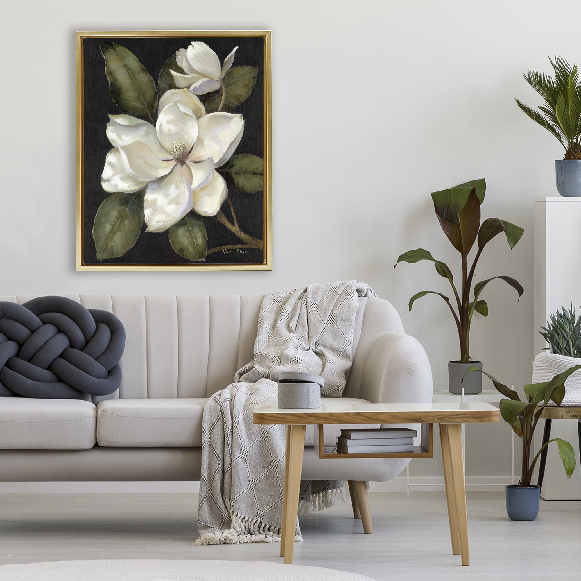 Stupell Industries Blooming Magnolia Buds Gold Framed Floater Canvas Wall Art, design by Nan