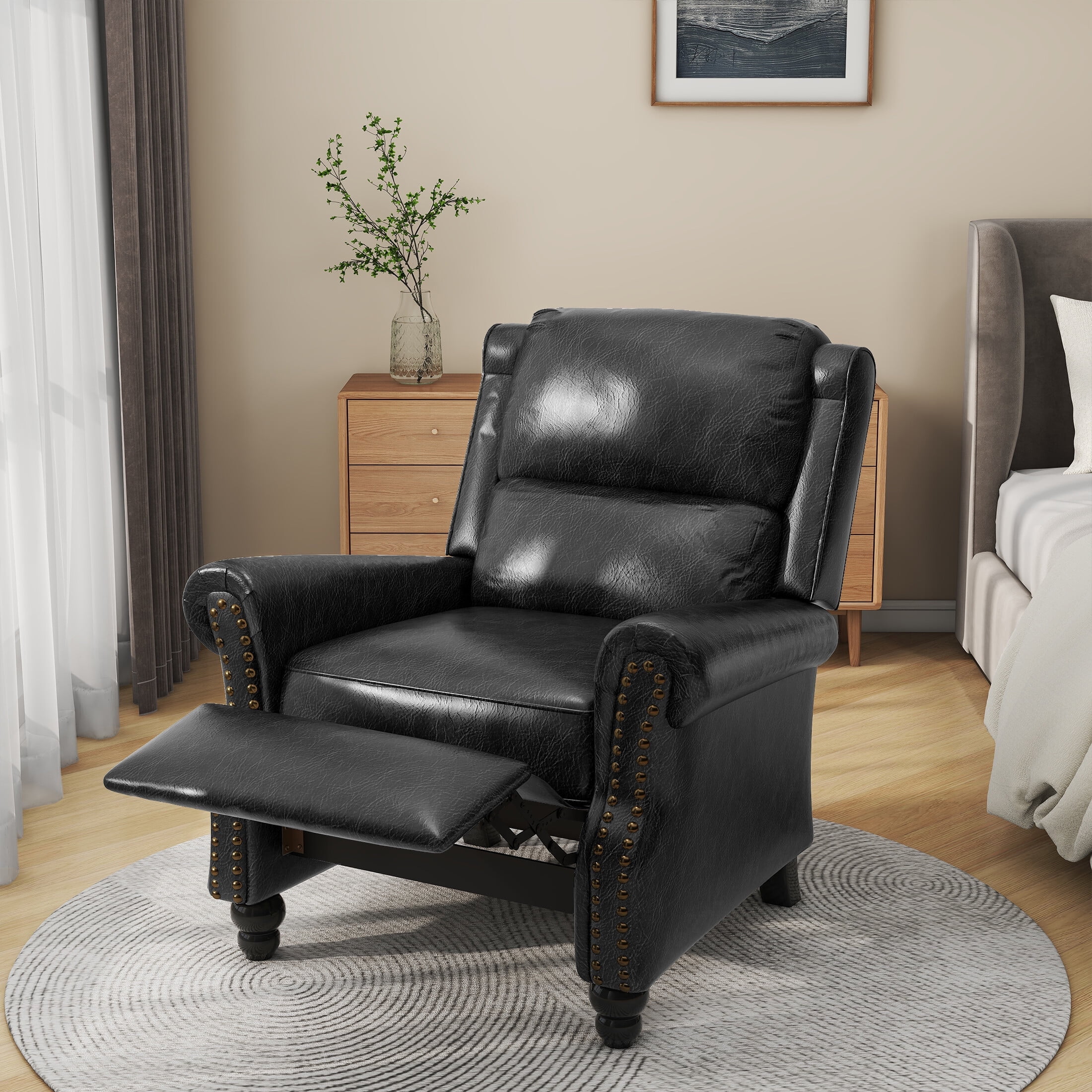 DREAMSIDEA Pushback Recliner Chair Faux Leather Wingback Chair Home Theater Single Sofa for Living Room, Black