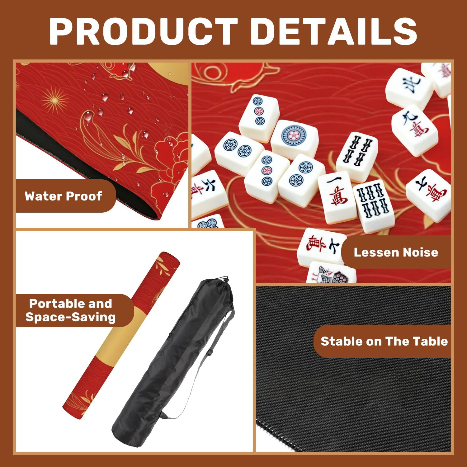 Mahjong Mat 31.5" x 31.5" traditional Chinese elements ornament carp gold color red peony Non-Slip Noise Reduction American Mahjong Tiles Table Cover for Dominoes Poker Card Board Games Gift