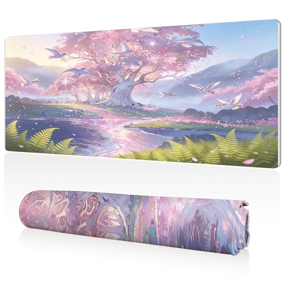 LIVEKEY XXL Mouse Pad Cherry Blossom Tree Lake Birds 80x40cm Non Slip Durable Easy Clean Stitched Edges Full Desk Coverage for Gaming Office Use