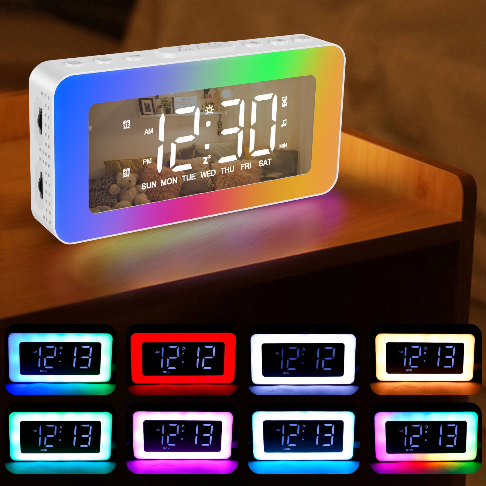 Alarm Clocks for Bedrooms, Mirror Clock with 8 RGB Light, Dual Alarms
