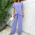 thumbnail image 6 of Two Piece Sets for Women Trendy Casual Short Sleeve Round Neck Solid Top and Elastic Waist Long Pants Sets, 6 of 9
