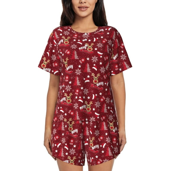 Logiee Festive Reindeer Print Womens Pajamas Set,Short-Sleeve Pajama 2 Piece Sleepwear with Pockets-Small