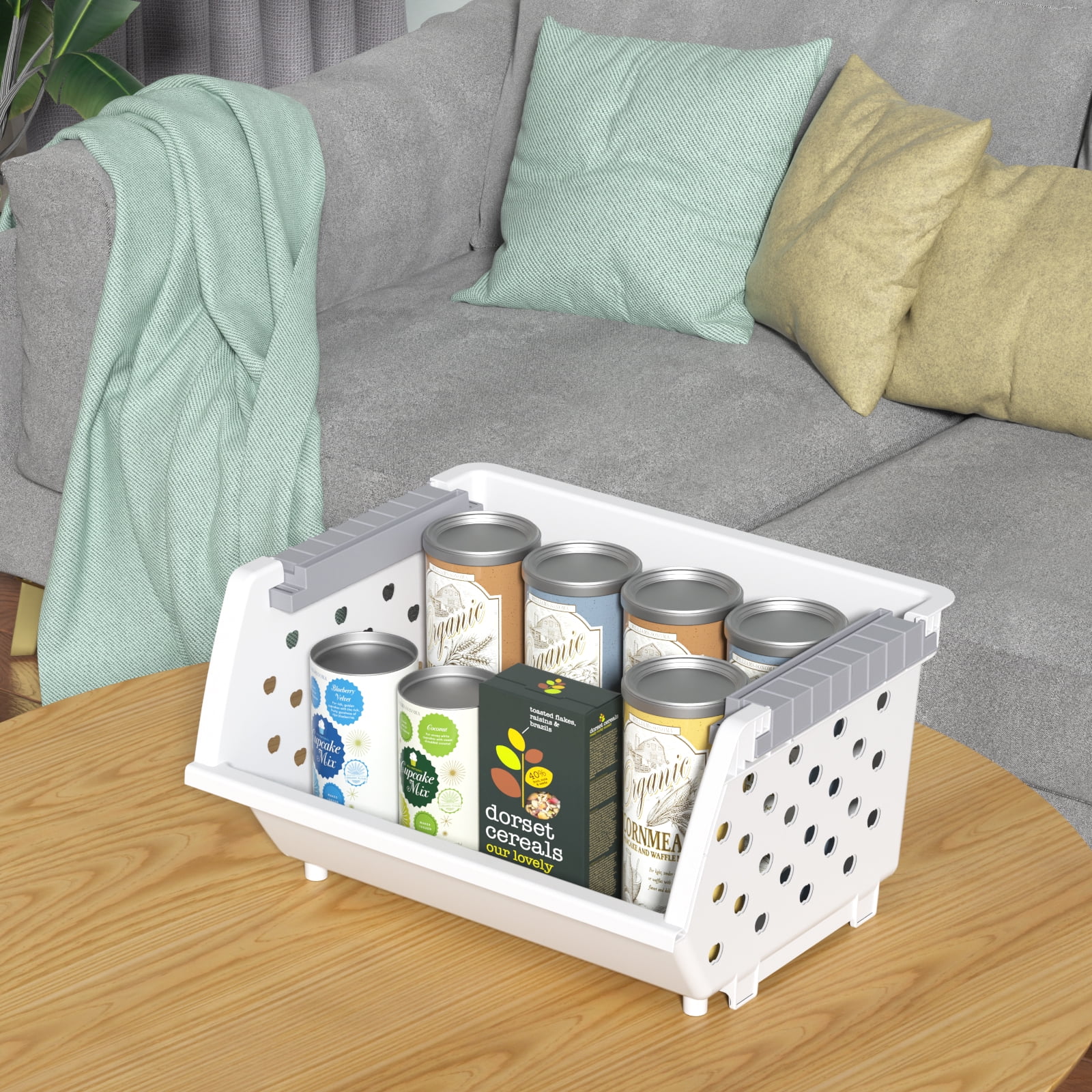 Vcansay 4 Packs Plastic Stackable Storage Basket, Large Stacking Baskets, Open Front Stacking Plastic Bins, White