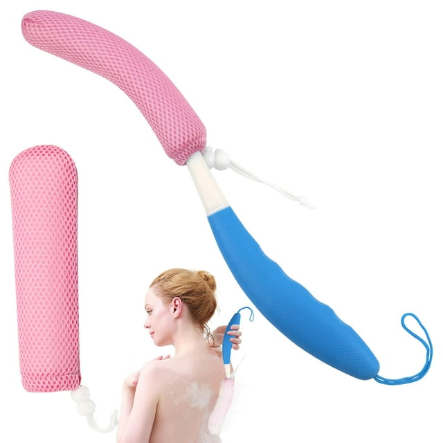 Cepillo de baño para espalda de 15,35 pulgadas con esponja para fregar la espalda, malla de baño con mango largo curvo, cepillo corporal para baño para personas mayores, ayuda para bañarse y ducharse