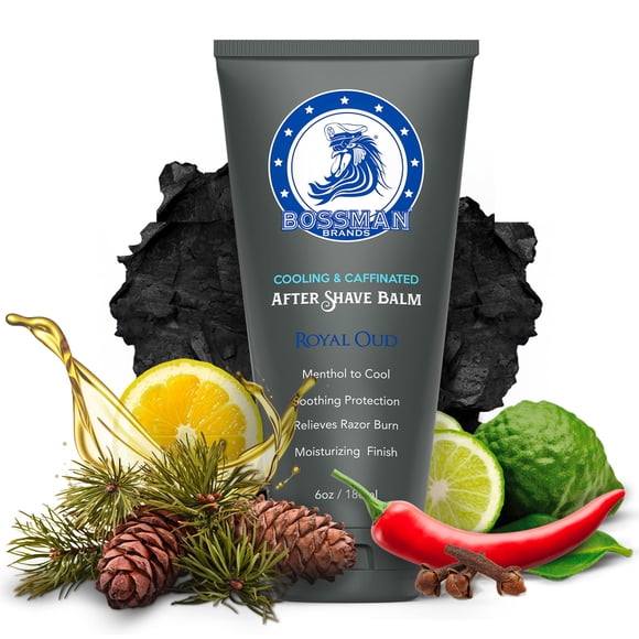 Bálsamo para después del afeitado Bossman refrescante y con cafeína para hombres - Calma y protege con mentol, cafeína y árbol de té - Aroma Royal Oud