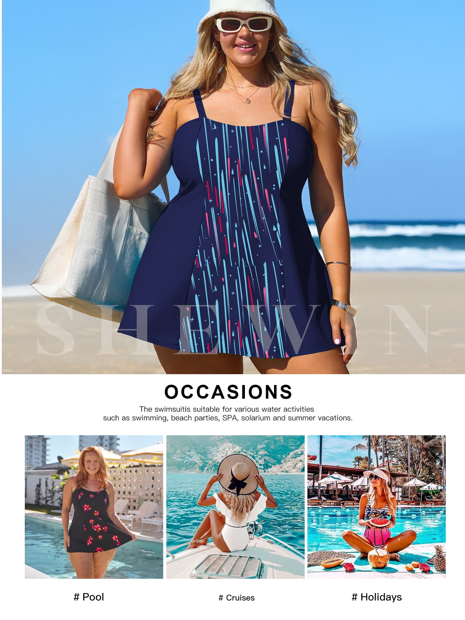 SHEWIN Woman Plus Bathing Suit One Piece Swim Dresses for Woman Tummy Control Swimm Suits with Pockets Blue Line 3X