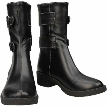 

Anime Black Shoes Cosplay Boots Anti-skid PU Leather Middle Tube Boots Zipper Closure Cosplay Costume Props