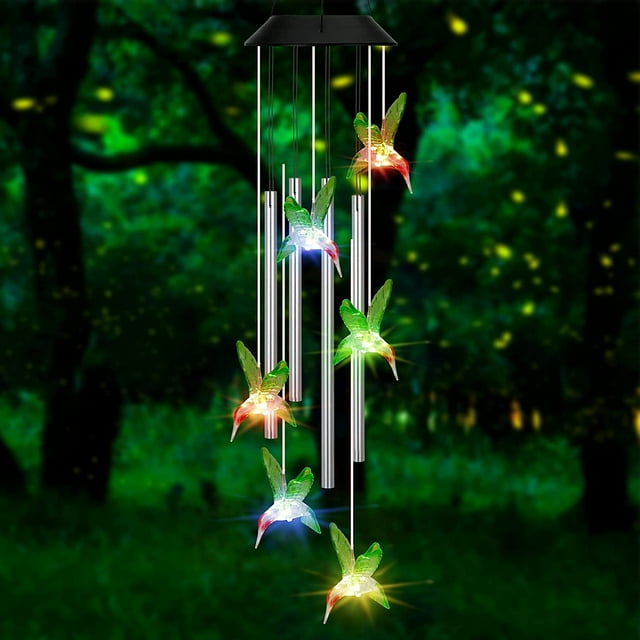 Campana de viento solar con LED que cambia de color y tubos de aluminio, diseño de colibrí, con gancho para uso doméstico en interiores y exteriores, color verde.